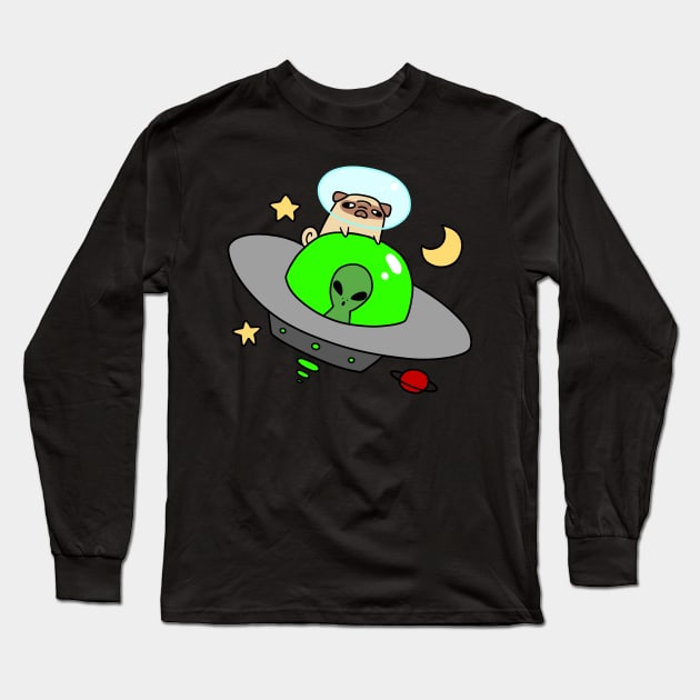 Space Pug Riding a UFO Long Sleeve T-Shirt by saradaboru